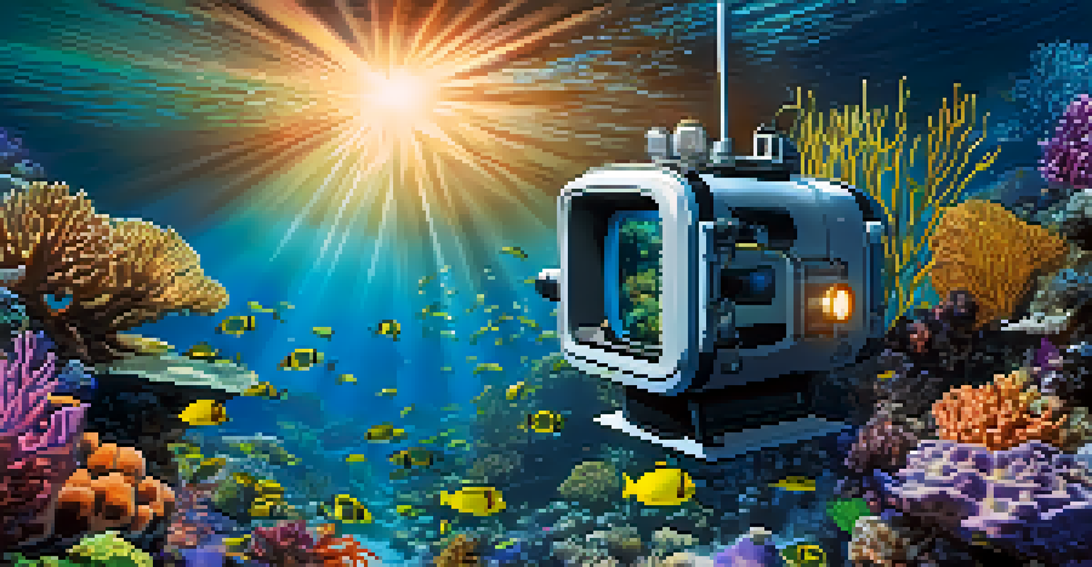 An underwater view of a remotely operated vehicle exploring a coral reef, surrounded by colorful marine life.