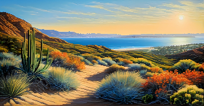 A beautiful landscape of San Diego with drought-tolerant plants in the foreground, ocean waves in the background, and a clear blue sky.