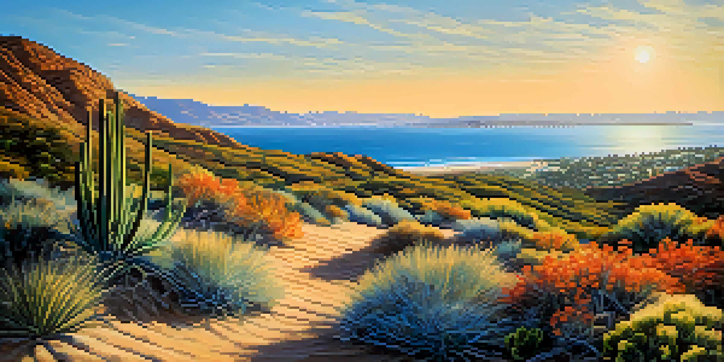 A beautiful landscape of San Diego with drought-tolerant plants in the foreground, ocean waves in the background, and a clear blue sky.