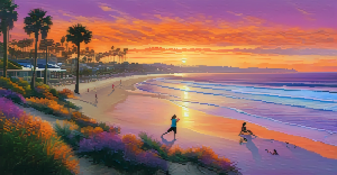 A sunset view of a clean San Diego beach with people practicing yoga and walking in nature, surrounded by palm trees and ocean waves.