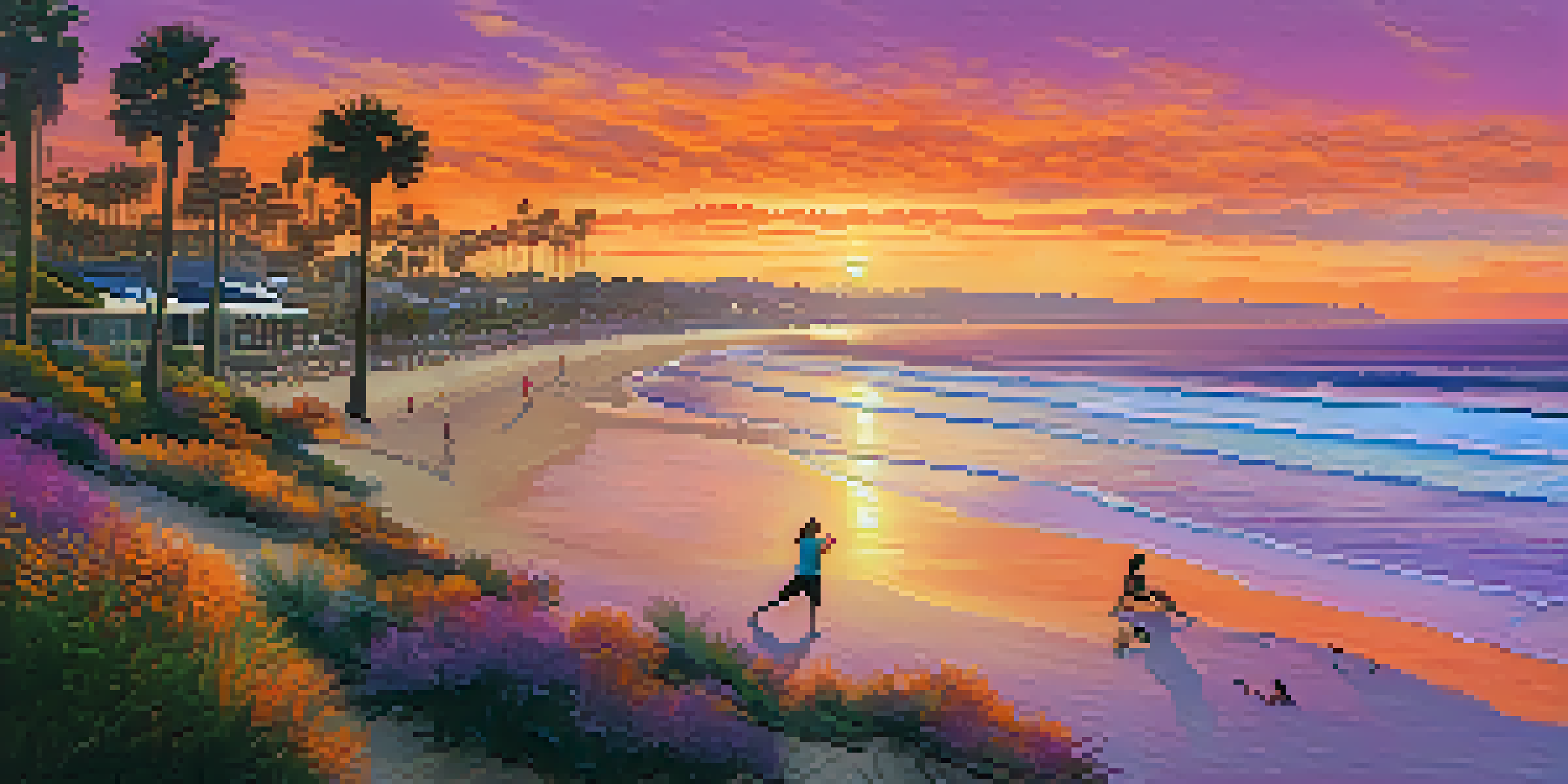A sunset view of a clean San Diego beach with people practicing yoga and walking in nature, surrounded by palm trees and ocean waves.