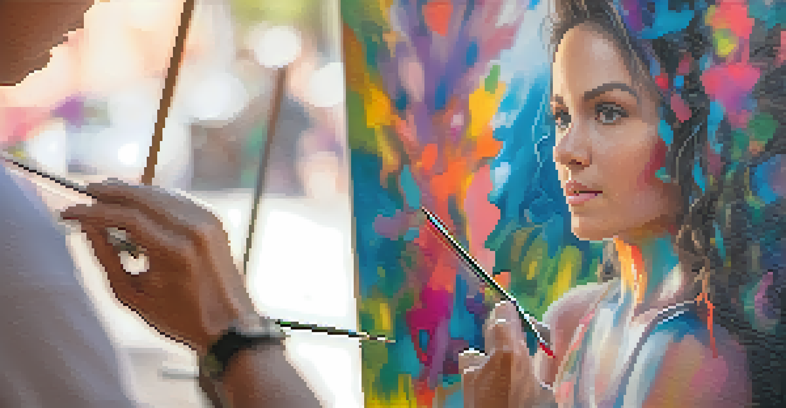 A close-up of an artist's hands painting on canvas, surrounded by blurred figures of art lovers at an art walk.