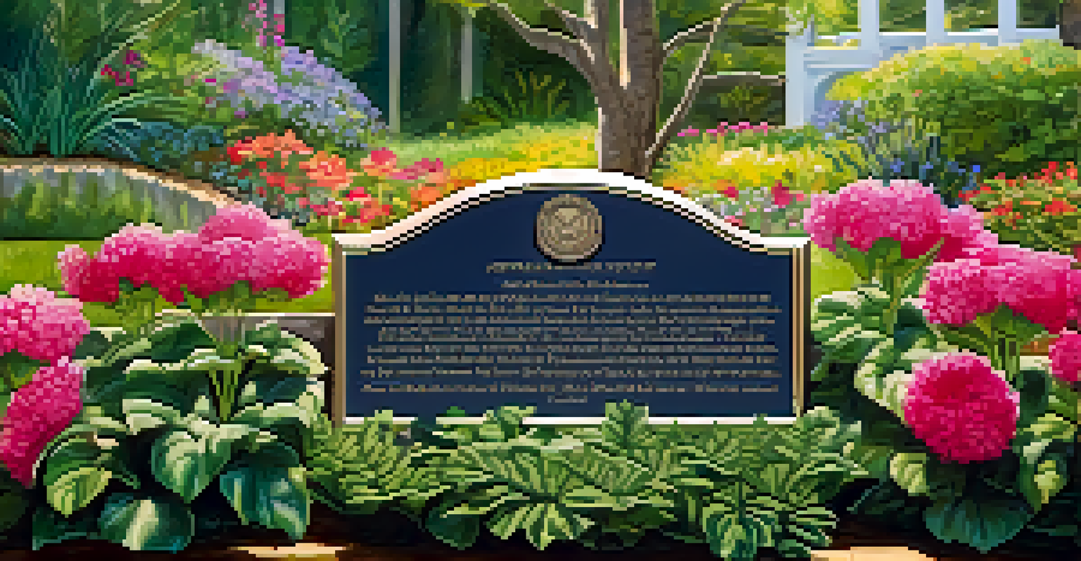 A close-up of a memorial plaque for Admiral Chester Nimitz, surrounded by flowers and greenery in a serene garden.