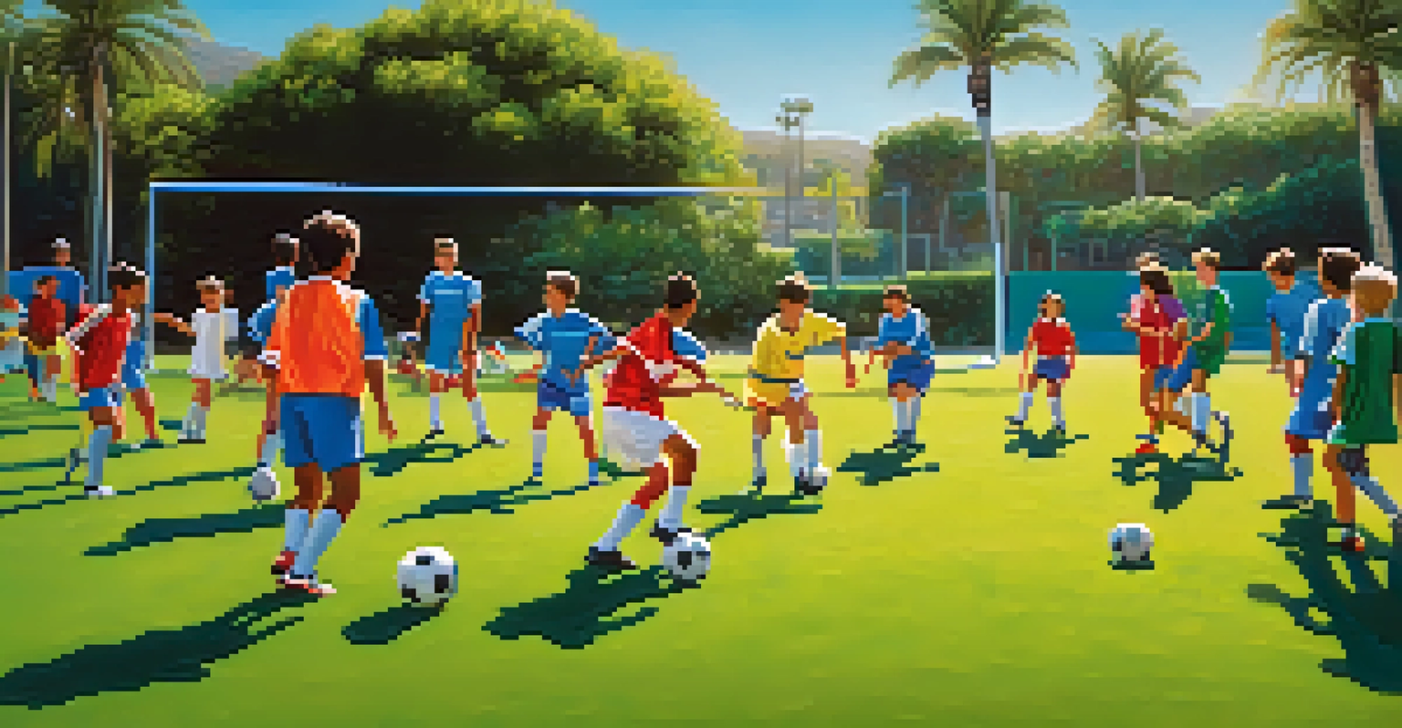 Young soccer players in colorful jerseys practicing on a green field with a coach, under a clear blue sky and palm trees.