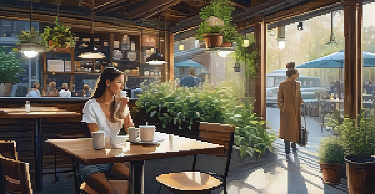 A woman relaxing at a coffee shop patio with her terrier dog at her feet, surrounded by plants and soft lighting.