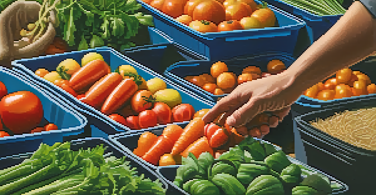 Close-up of a farmer's hands with fresh organic vegetables, with a blurred farmers market in the background.