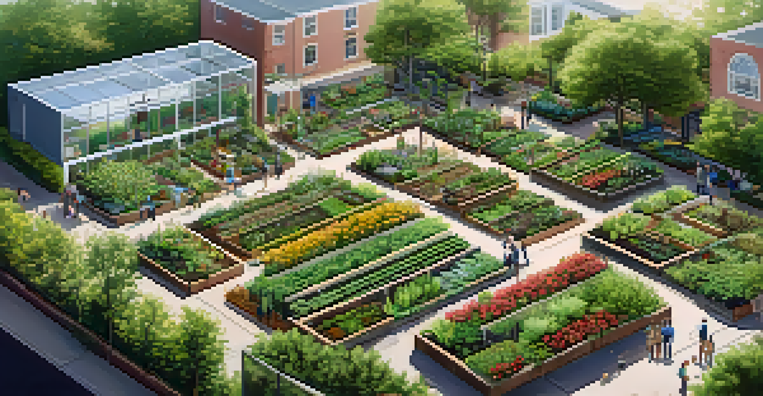 An aerial perspective of a bustling community garden with various plants and people engaged in a gardening workshop.
