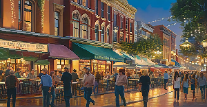 A lively street in the Gaslamp Quarter with Victorian buildings, people dining outside, and warm sunset lighting.