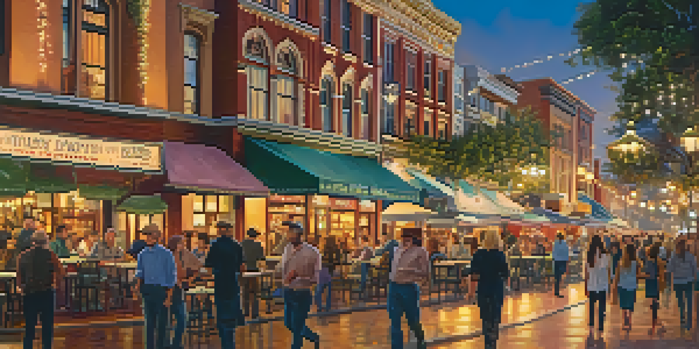 A lively street in the Gaslamp Quarter with Victorian buildings, people dining outside, and warm sunset lighting.