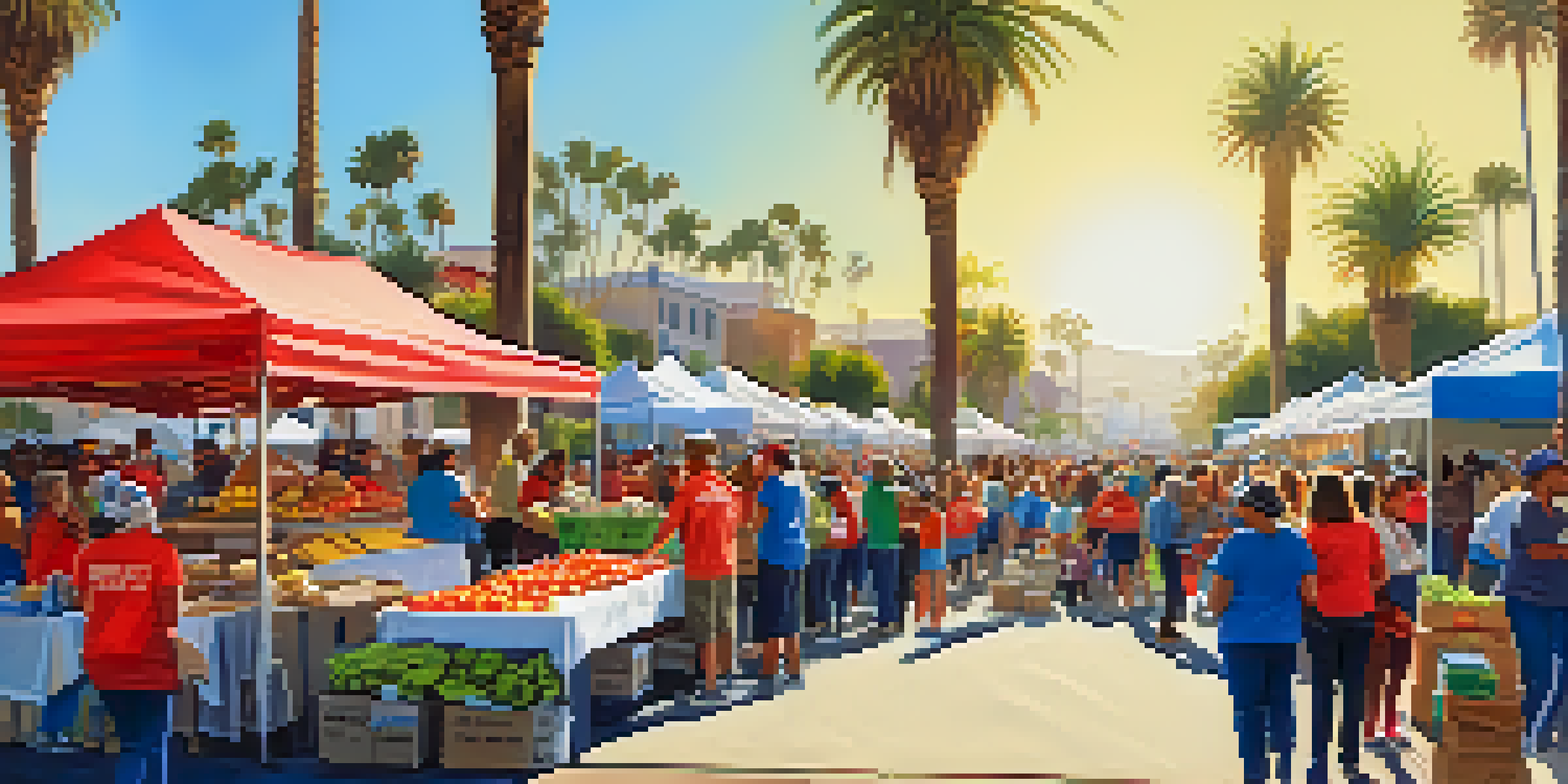 A lively food distribution event in San Diego with volunteers interacting with families, surrounded by fresh produce and a sunny atmosphere.
