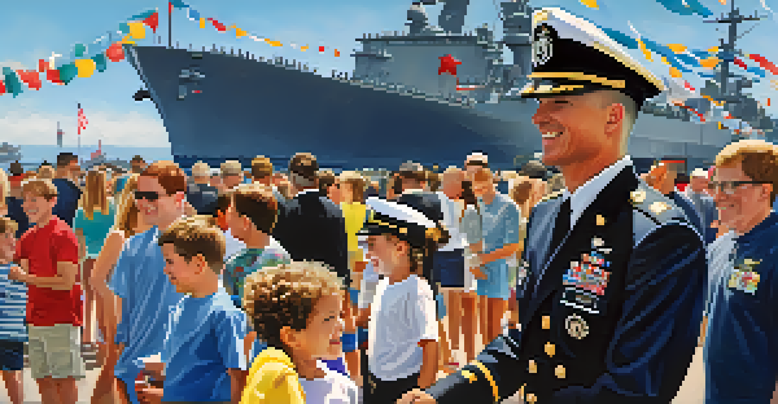 A lively scene during San Diego Fleet Week with military personnel interacting with families near a naval ship exhibit.
