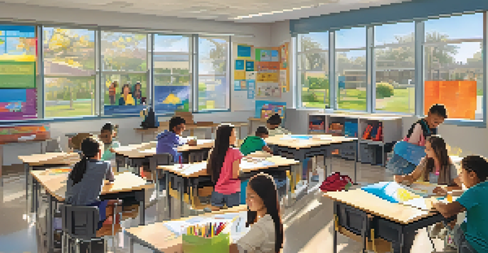 A vibrant classroom with diverse students working together on a project, surrounded by colorful educational materials and sunlight coming through the windows.