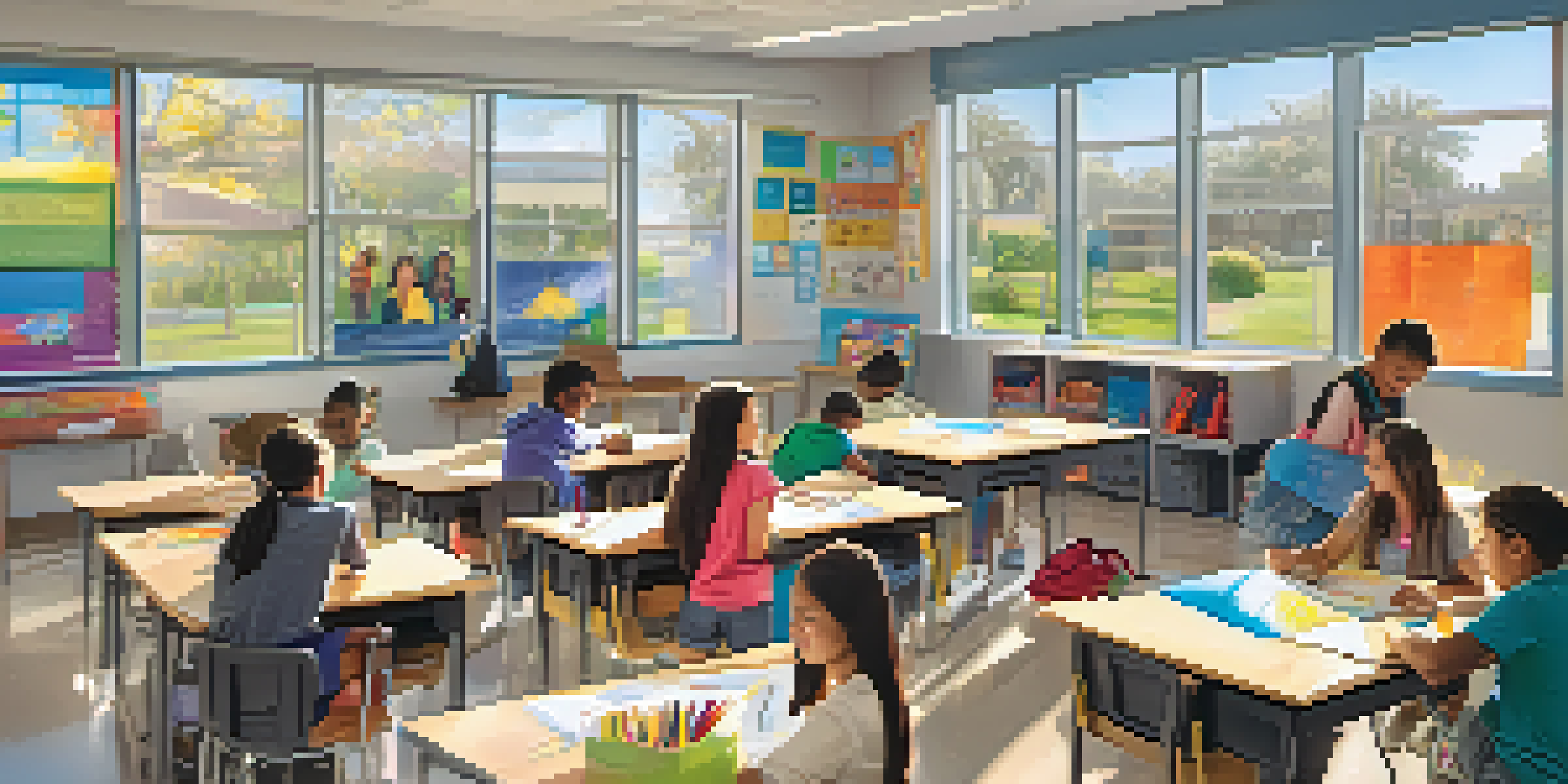 A vibrant classroom with diverse students working together on a project, surrounded by colorful educational materials and sunlight coming through the windows.