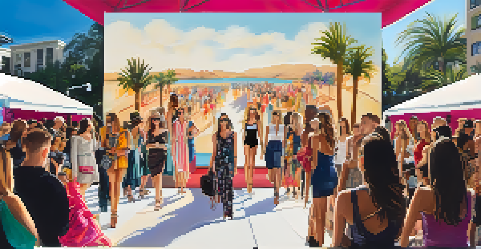 A fashion runway event in San Diego with models displaying artist-designed clothing against a backdrop of vibrant murals.