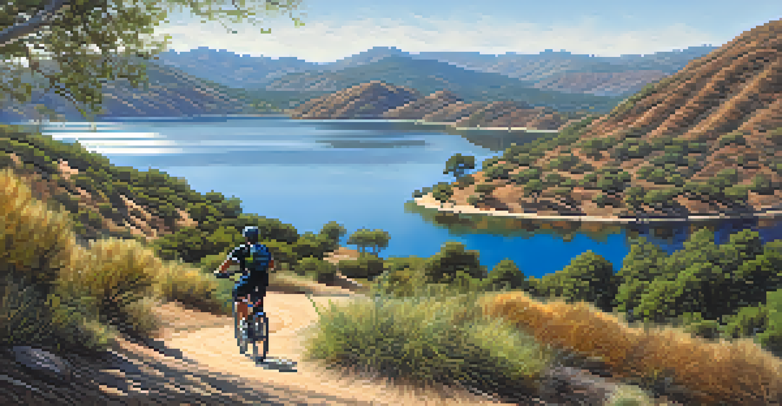 A mountain biker riding along a trail by Lake Hodges, with water and trees in the background.