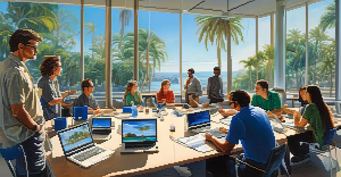 A diverse group of scientists and students collaborating in a bright university meeting room, with gadgets and laptops on the table and palm trees visible through large windows.