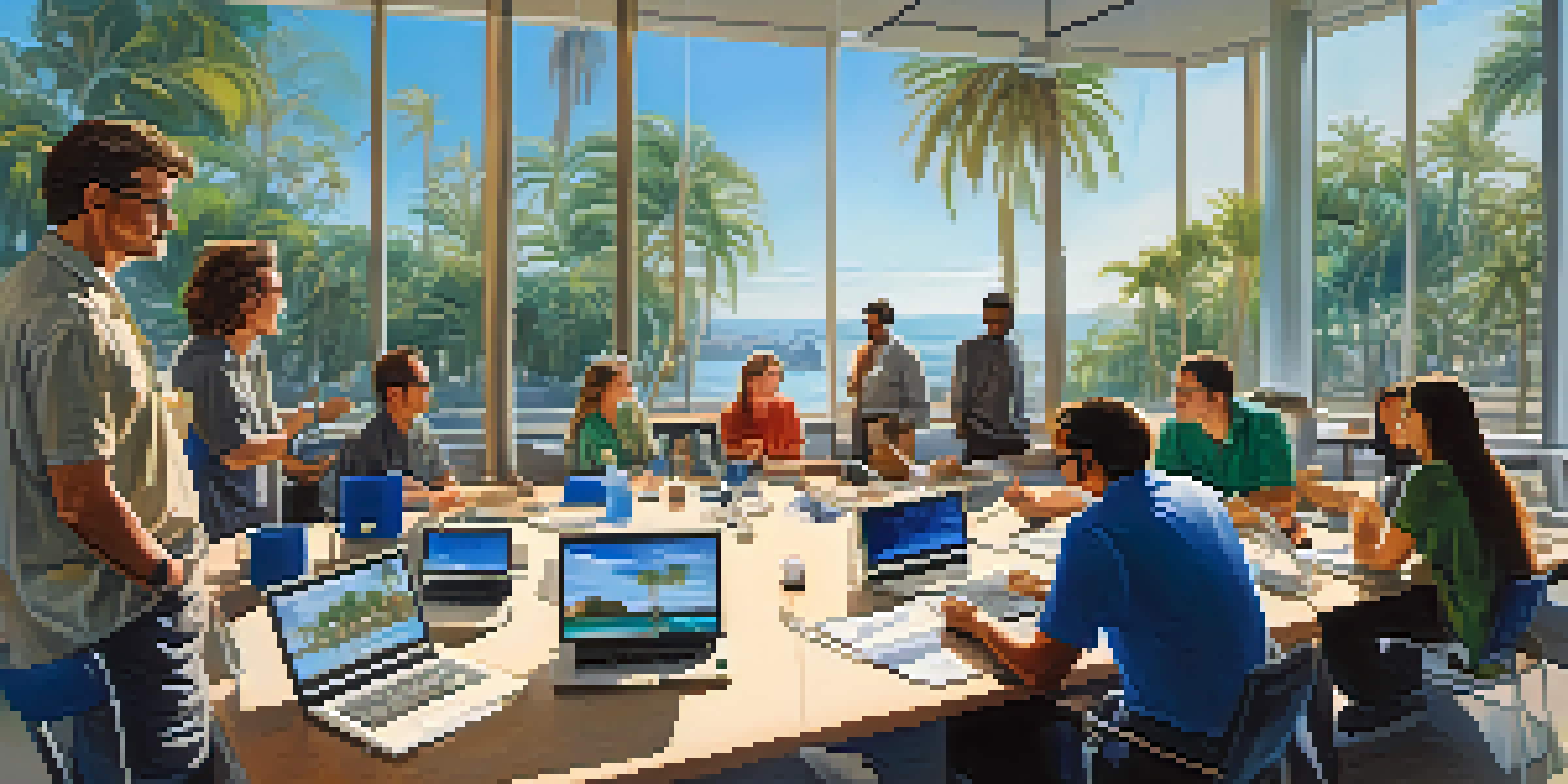 A diverse group of scientists and students collaborating in a bright university meeting room, with gadgets and laptops on the table and palm trees visible through large windows.