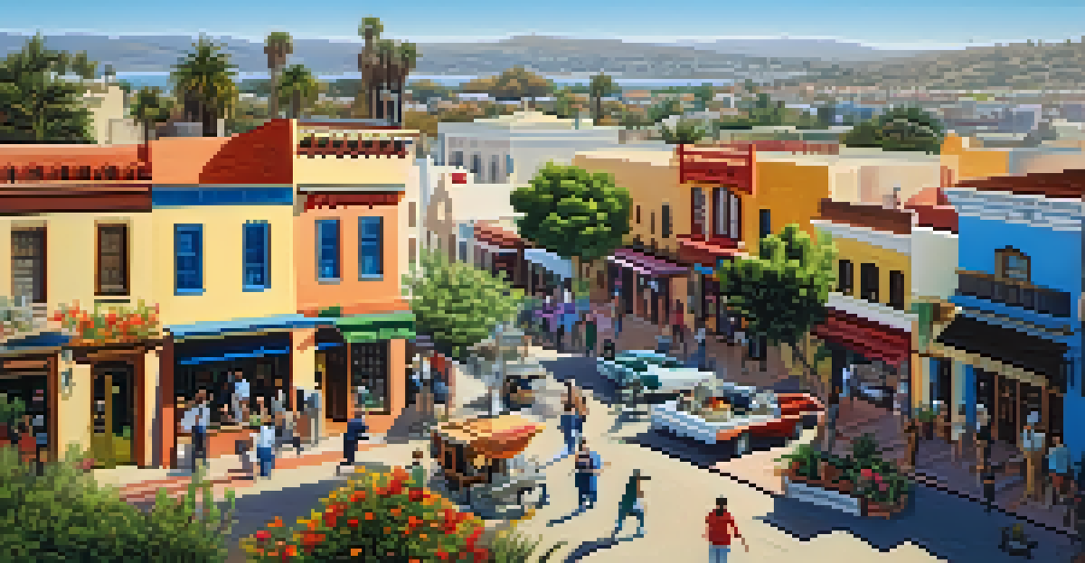 A charming view of Old Town San Diego with historic buildings and vibrant flowers under a blue sky, showcasing artisans and traditional Mexican food.