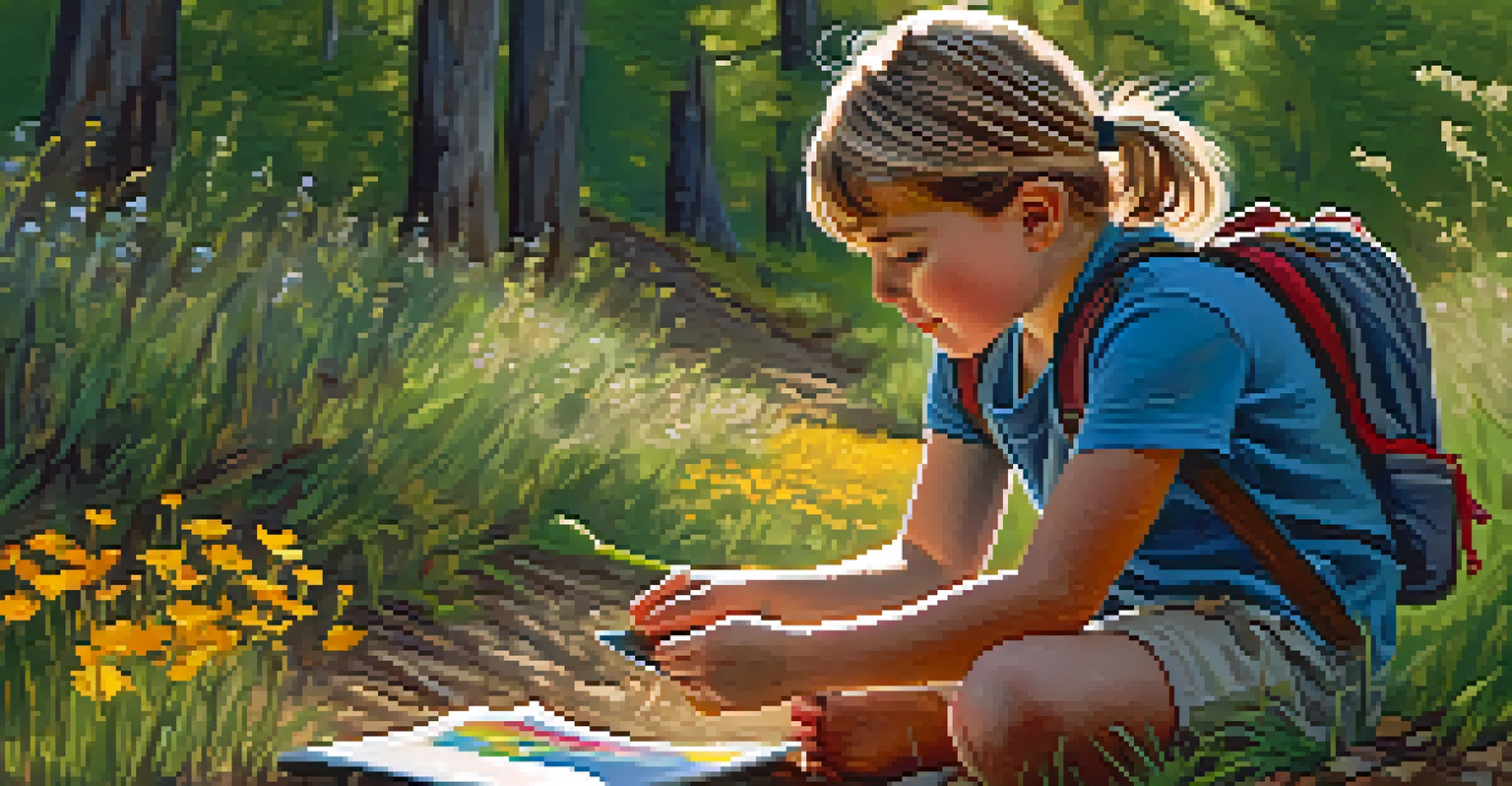 A child looking at a wildflower on a hiking trail with a field guide beside them, sunlight filtering through the trees.