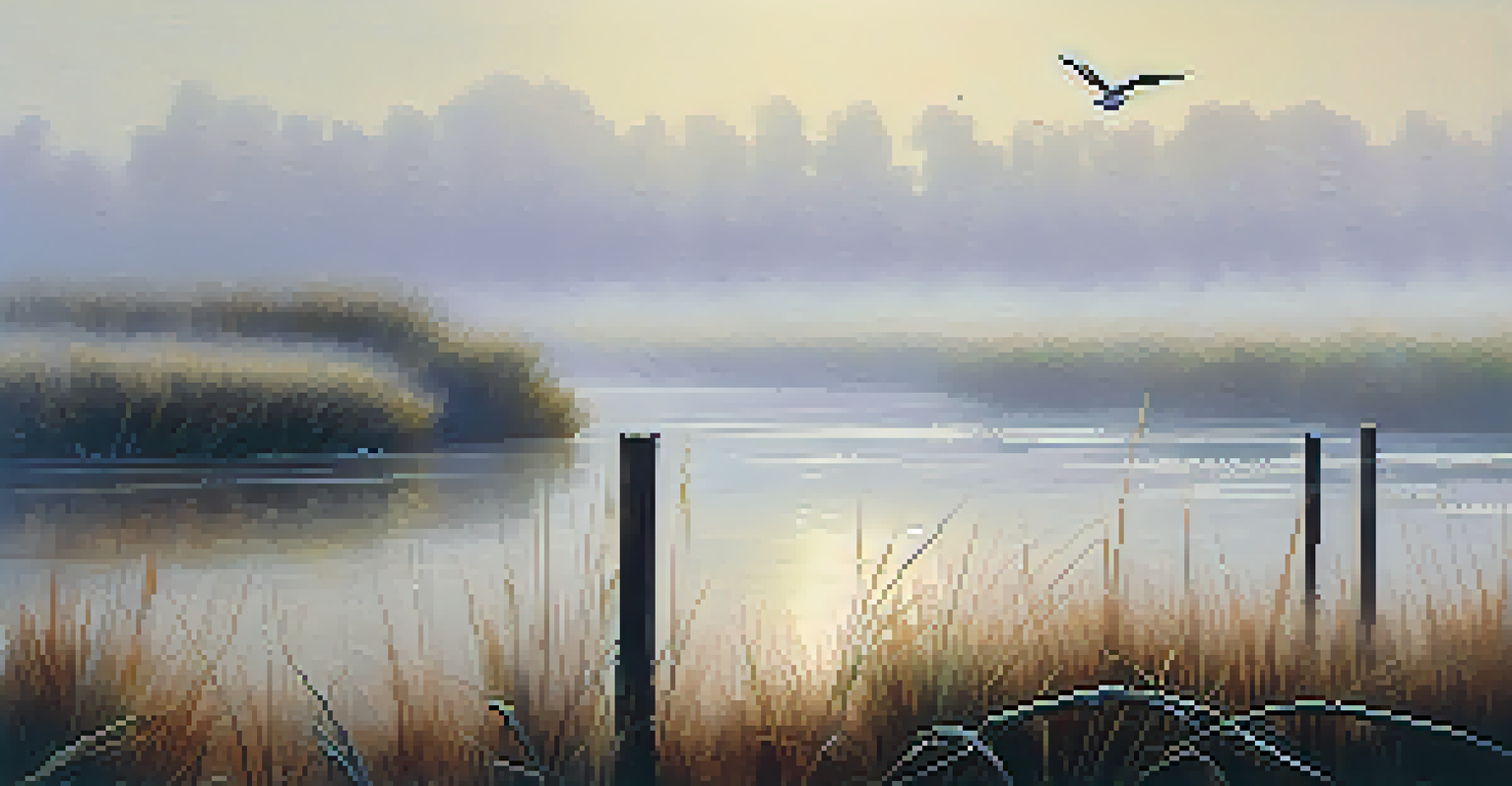 A foggy morning at San Elijo Lagoon with seabirds on a post, surrounded by misty marshlands.