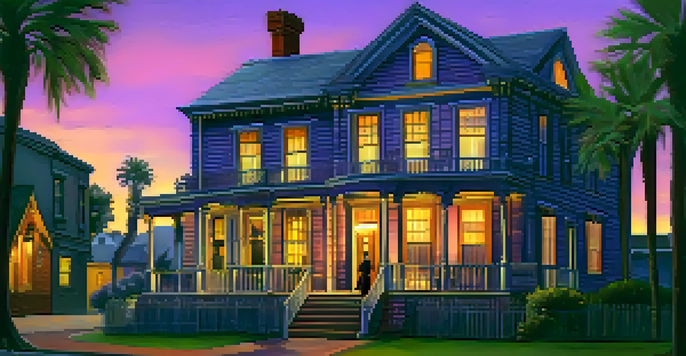 A twilight view of the Whaley House, with a ghostly figure of a man in a top hat near the porch.