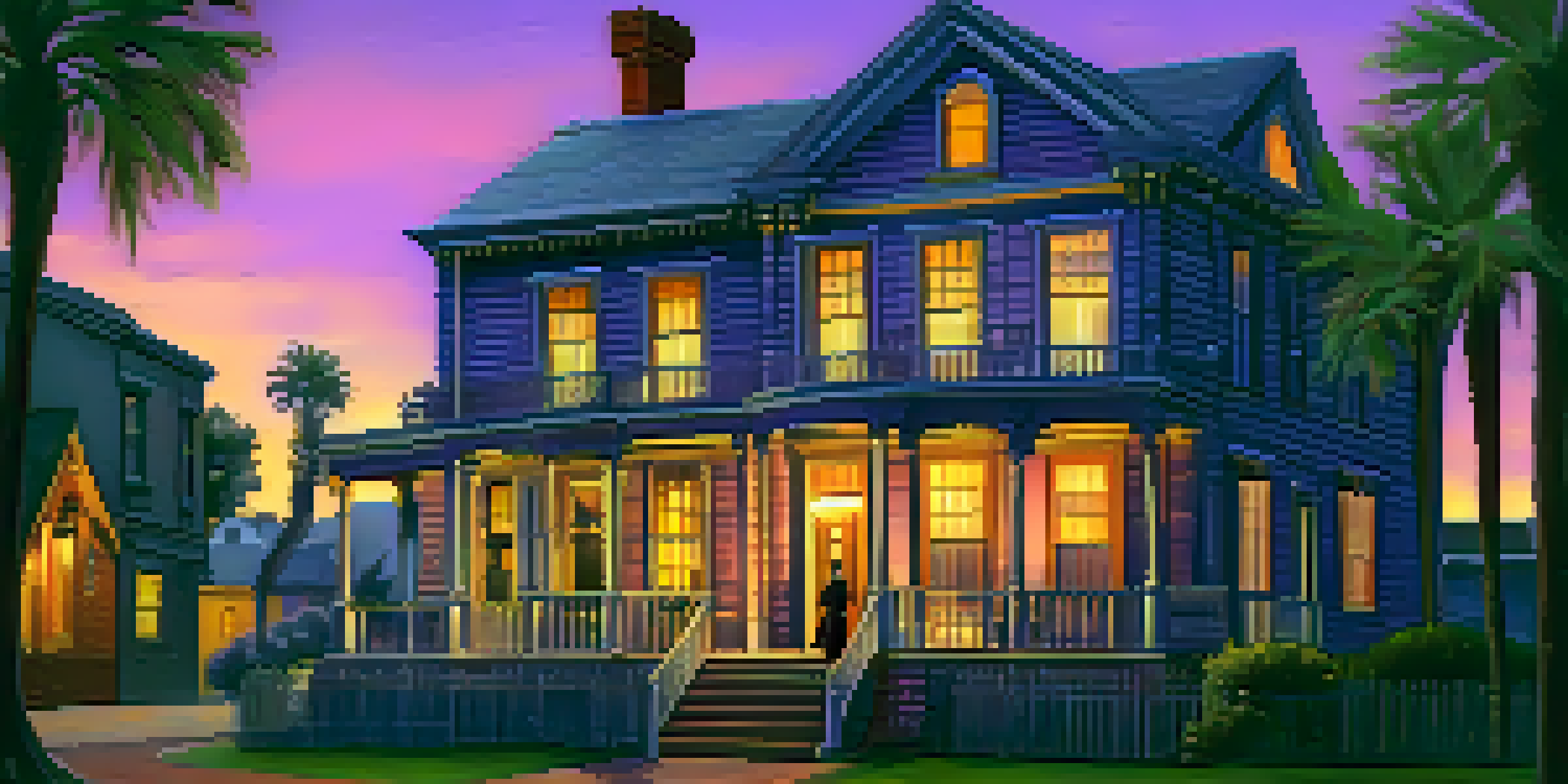 A twilight view of the Whaley House, with a ghostly figure of a man in a top hat near the porch.