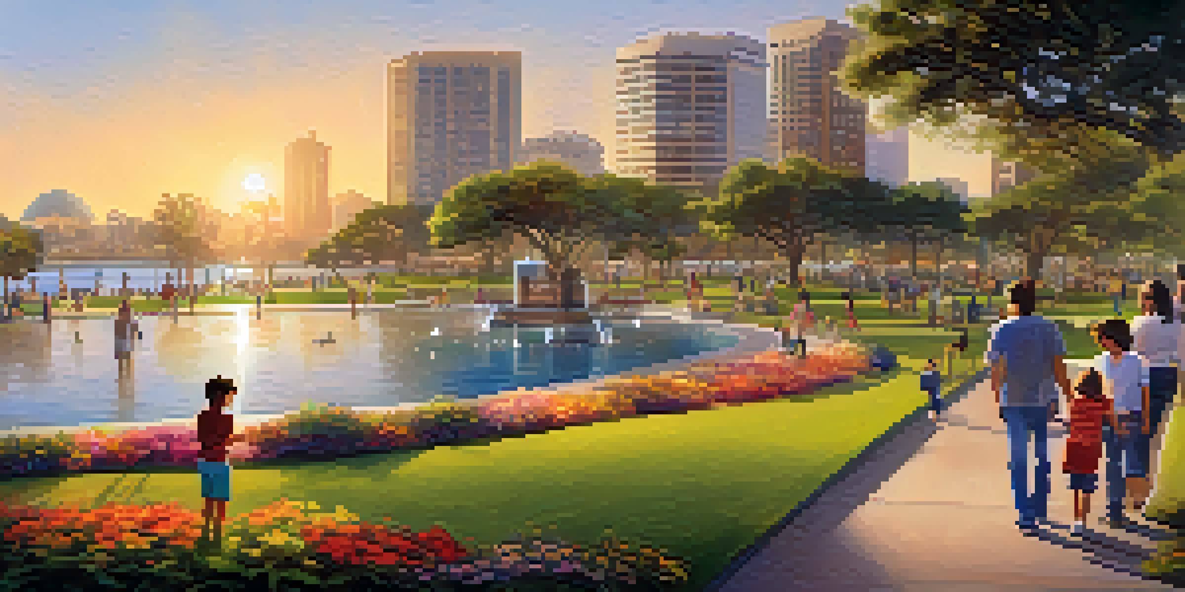 A wide view of Waterfront Park featuring green lawns, flower beds, and fountains under a sunset sky, with families and children enjoying the space.