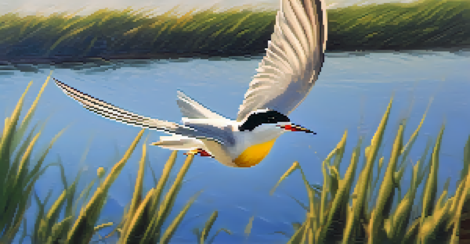 A California least tern flying over a lagoon with greenery, showcasing its wings in the soft morning light.