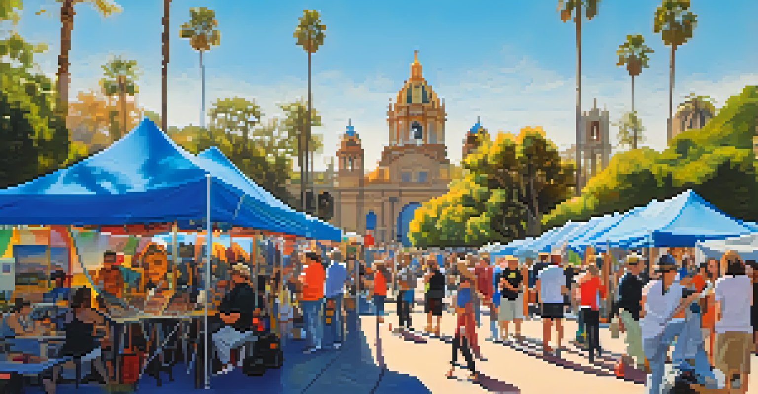An outdoor art festival in Balboa Park with artists, colorful tents, and attendees engaging in creative activities.