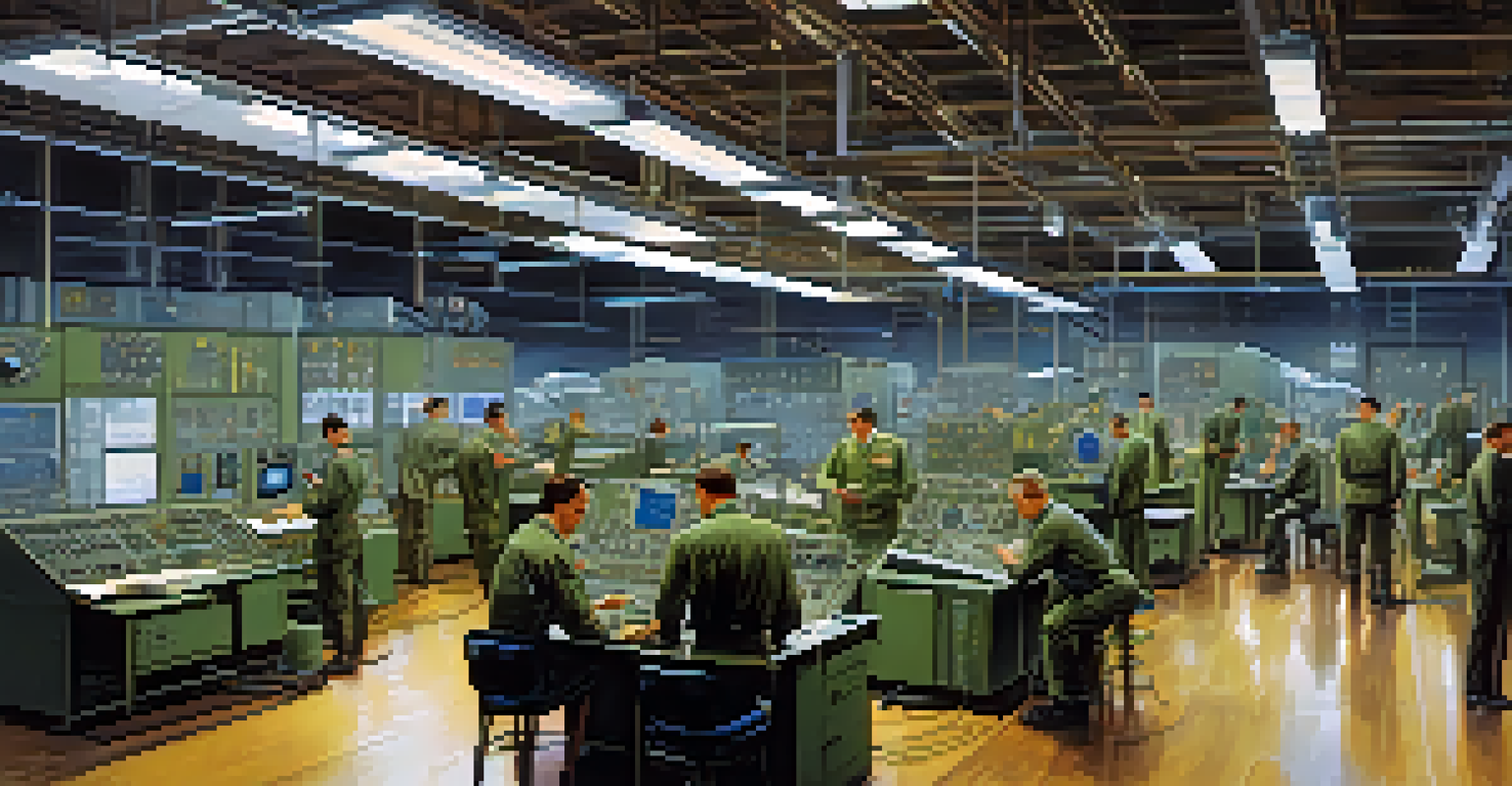 Engineers working in a Cold War-era military technology lab with blueprints and vintage equipment.