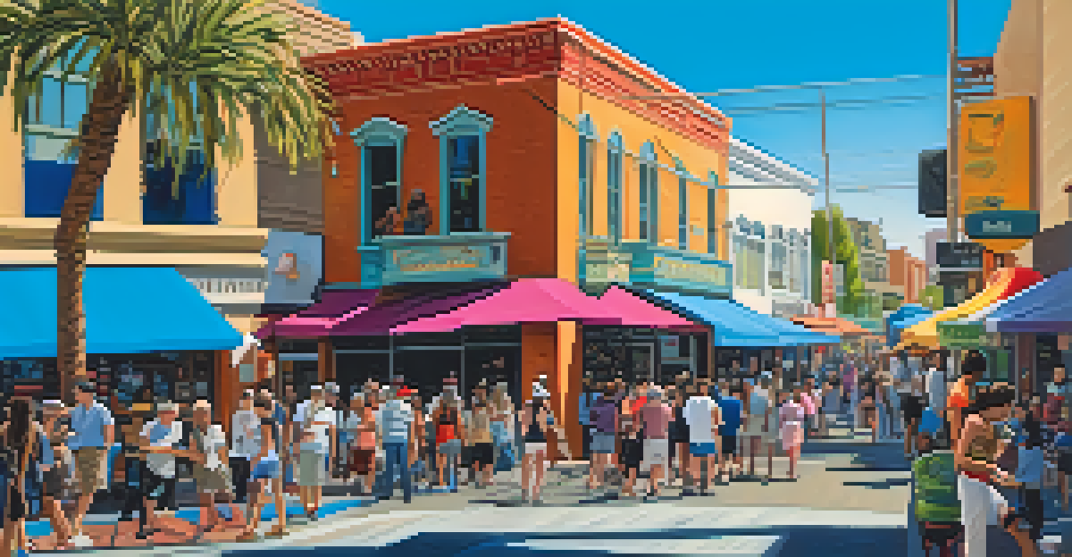 A lively street scene in Hillcrest with eclectic shops, diverse people, and street performers.