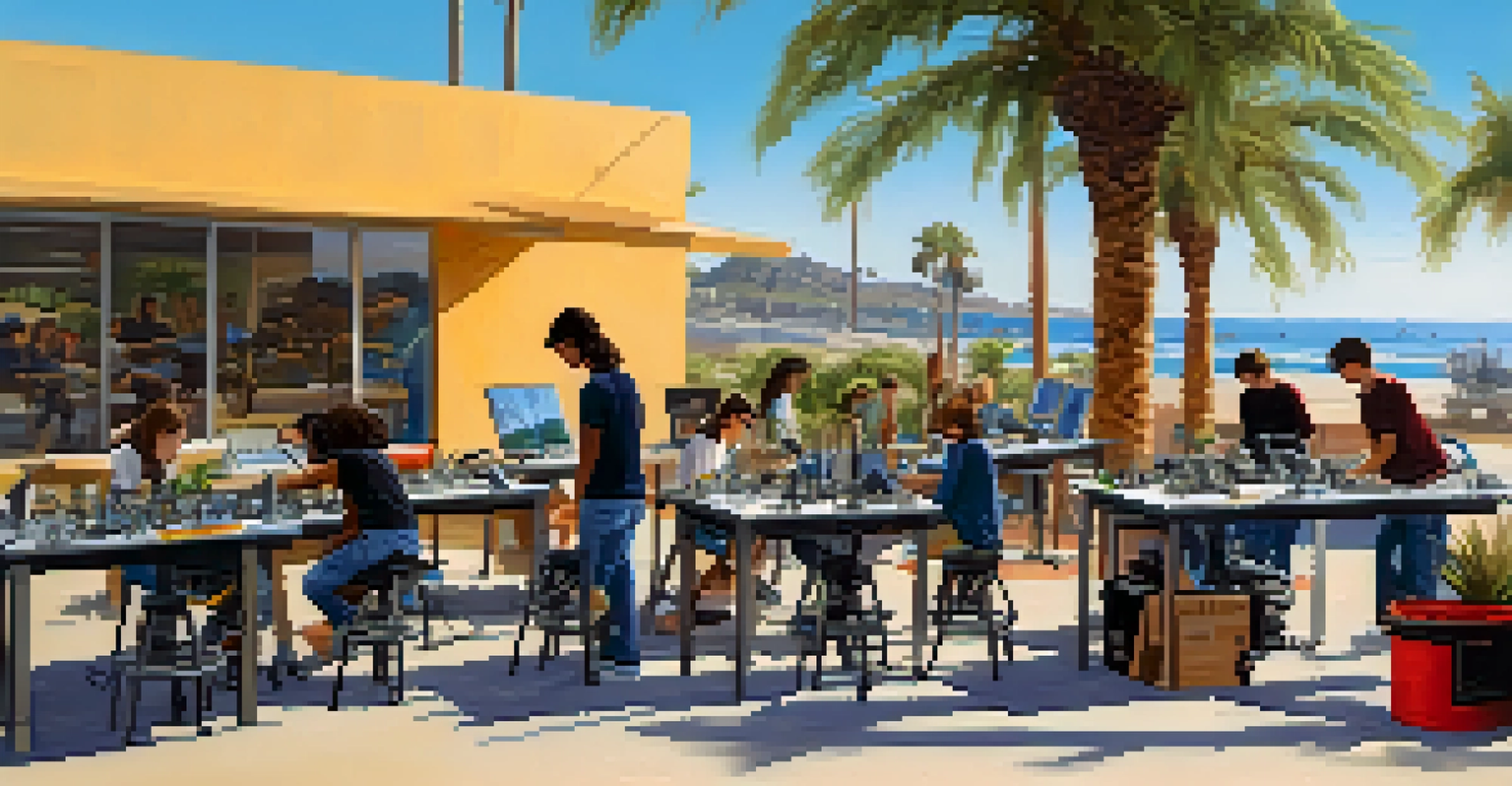 Students collaborating in an outdoor STEM workshop, working on robotics projects in a sunny setting.