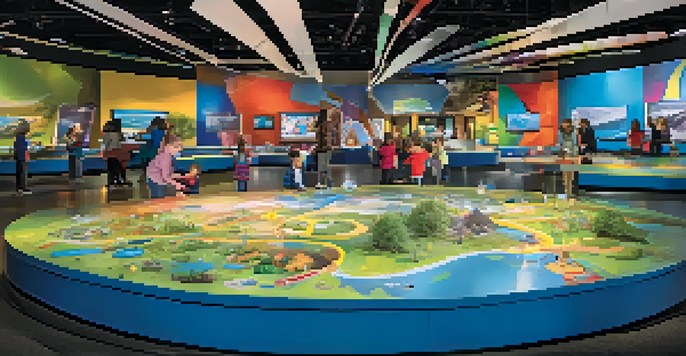 Children interacting with a science exhibit in a vibrant, colorful setting at the Fleet Science Center.