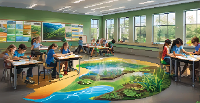 Students working together on a water conservation project in a bright classroom, building a rain garden with soil and plants.