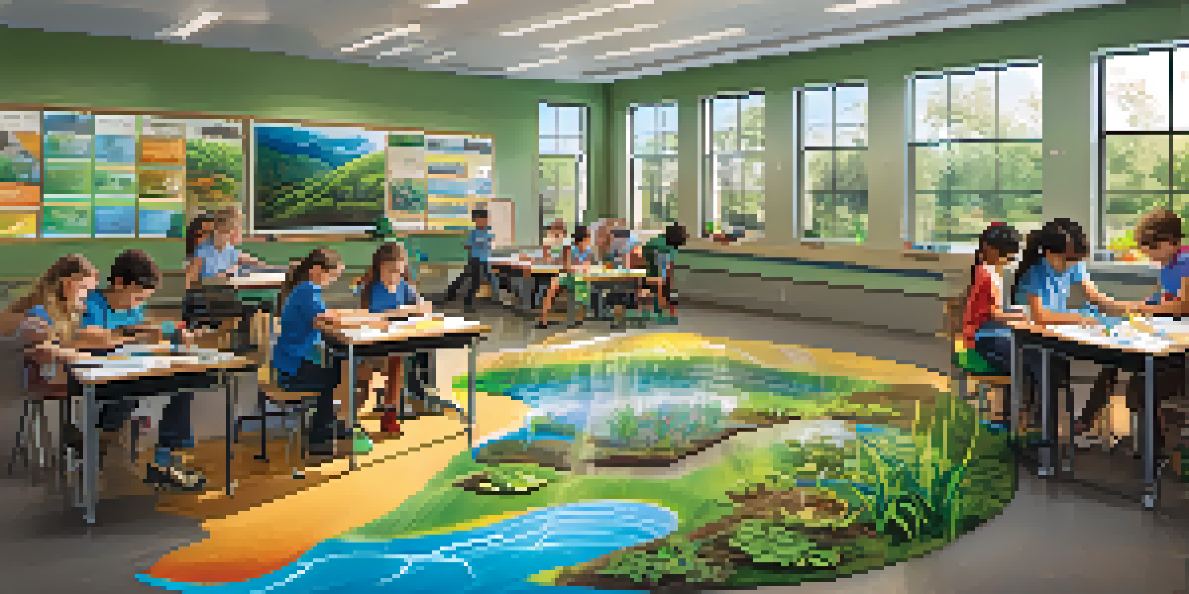 Students working together on a water conservation project in a bright classroom, building a rain garden with soil and plants.