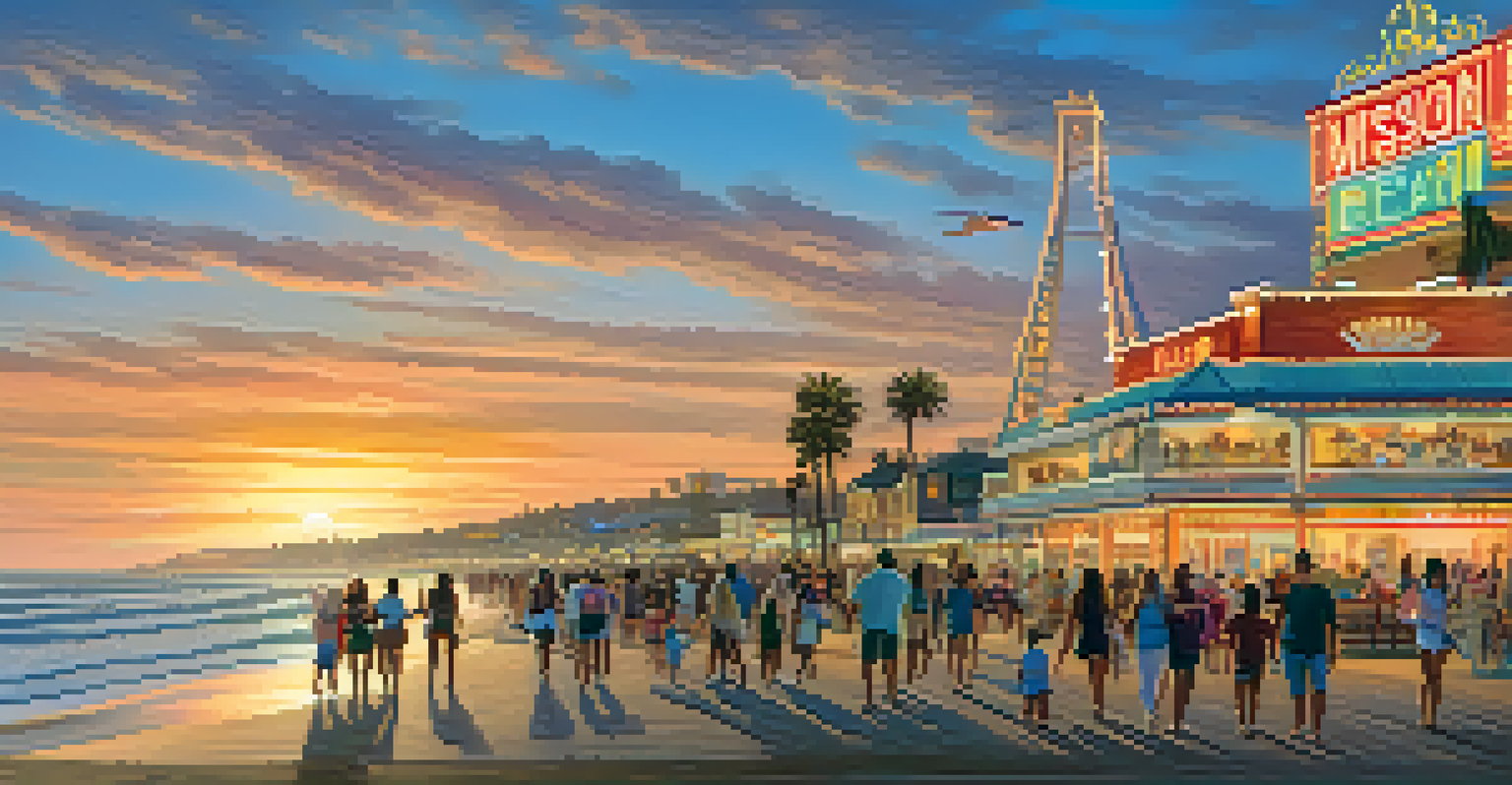 A lively sunset at Mission Beach with colorful skies, beachgoers along the boardwalk, and amusement park rides in the background.