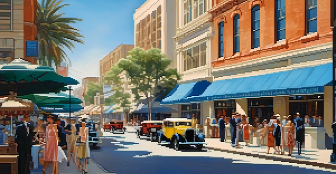 A lively street scene in San Diego during the 1920s, featuring vintage cars, pedestrians in period clothing, and Art Deco architecture.