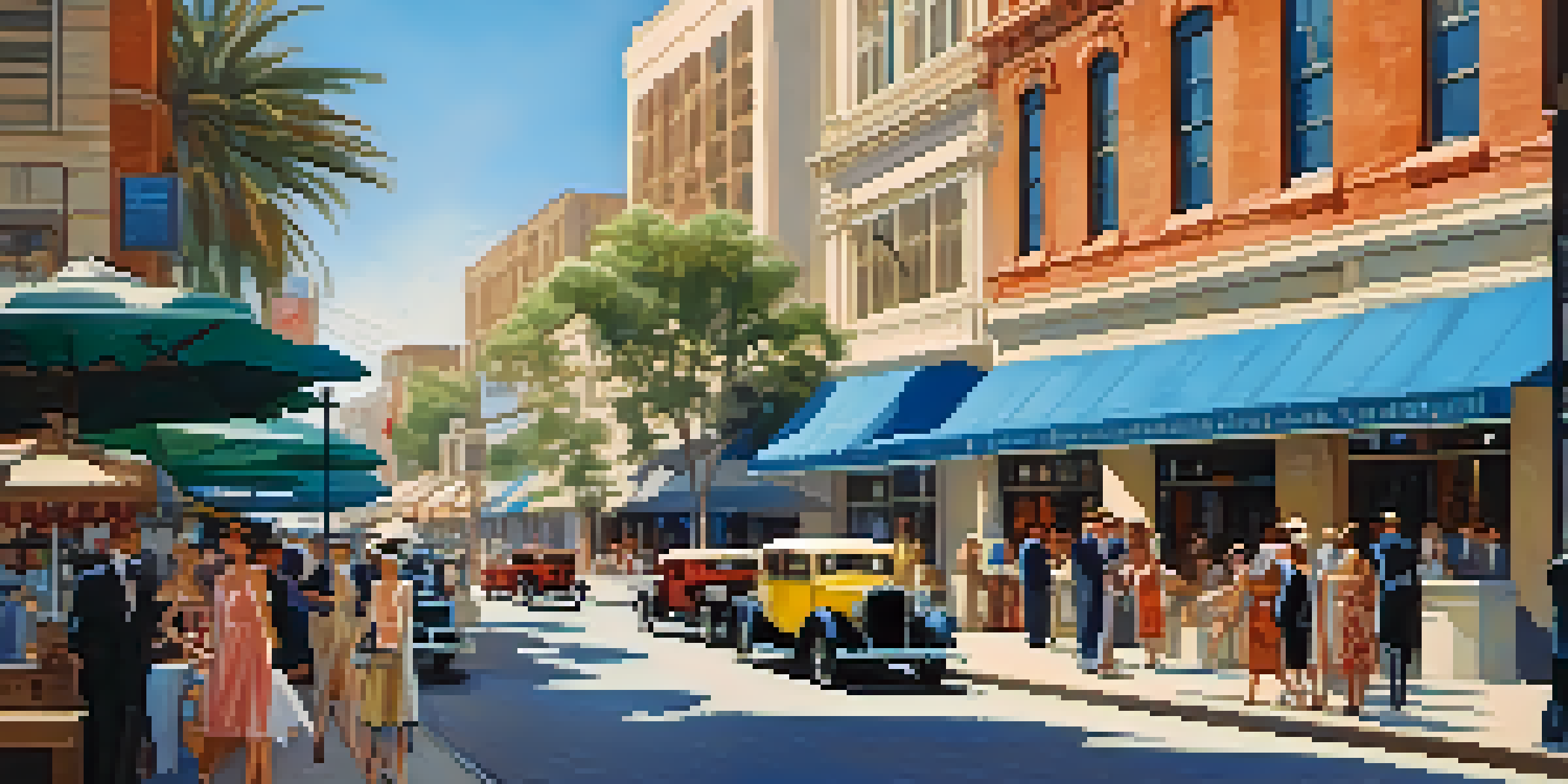 A lively street scene in San Diego during the 1920s, featuring vintage cars, pedestrians in period clothing, and Art Deco architecture.