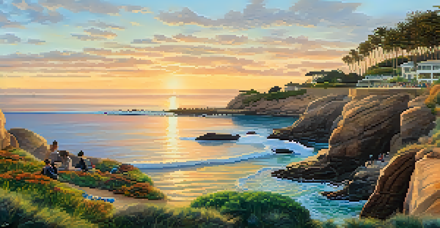 A panoramic view of La Jolla Cove at sunrise, with families snorkeling and sea lions on the rocks.