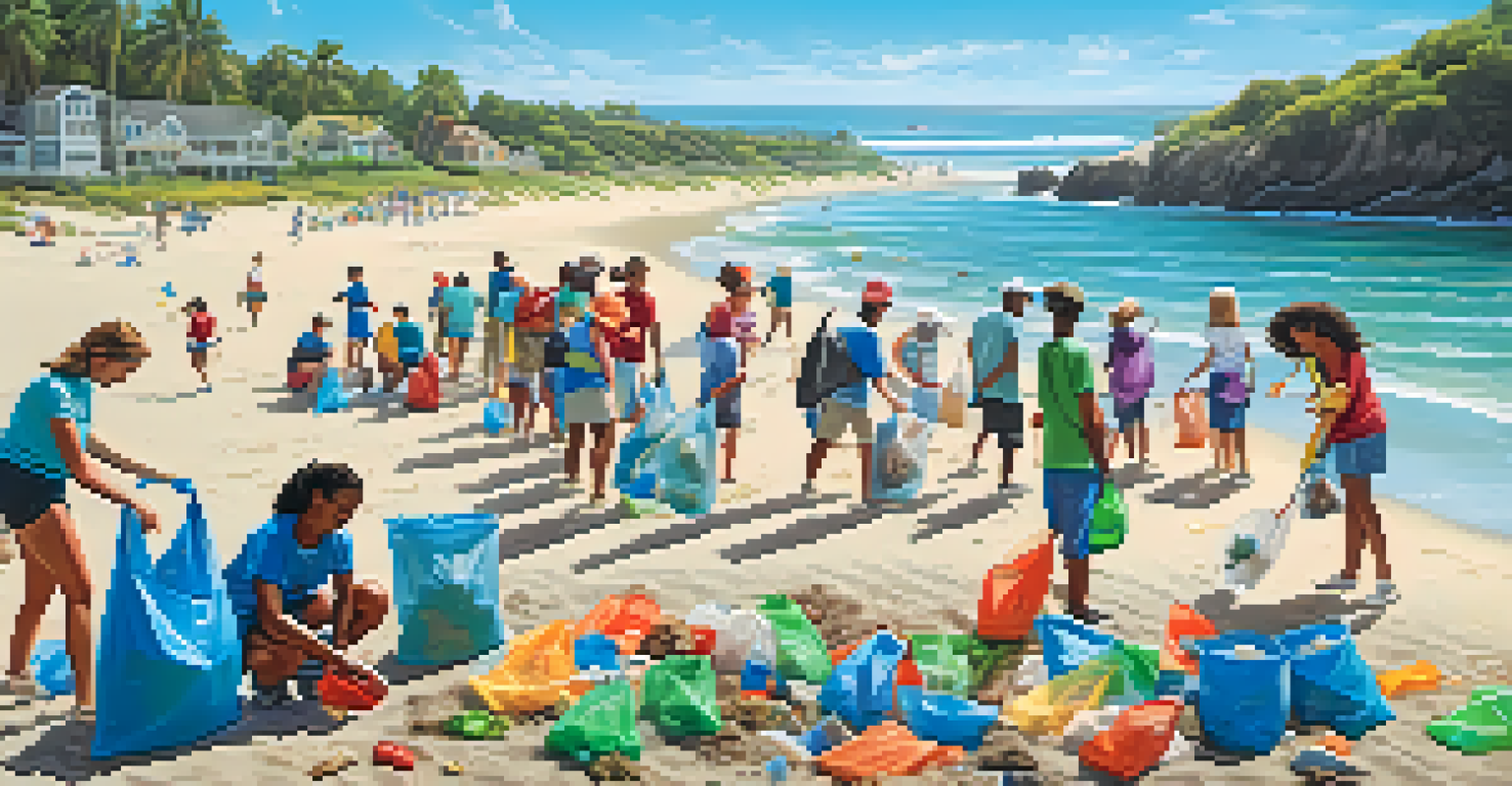 Volunteers participating in a beach clean-up, picking up trash on a sunny day at the beach.