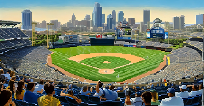 A wide-angle shot of Petco Park filled with fans watching a Padres baseball game, with the San Diego skyline visible behind the stadium.