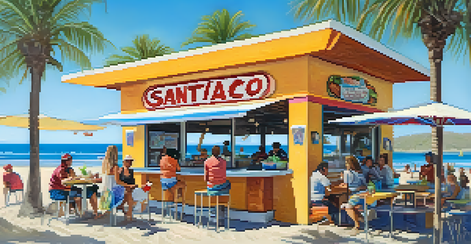 A lively fish taco stand on a sunny San Diego beach with colorful tacos and smiling customers.