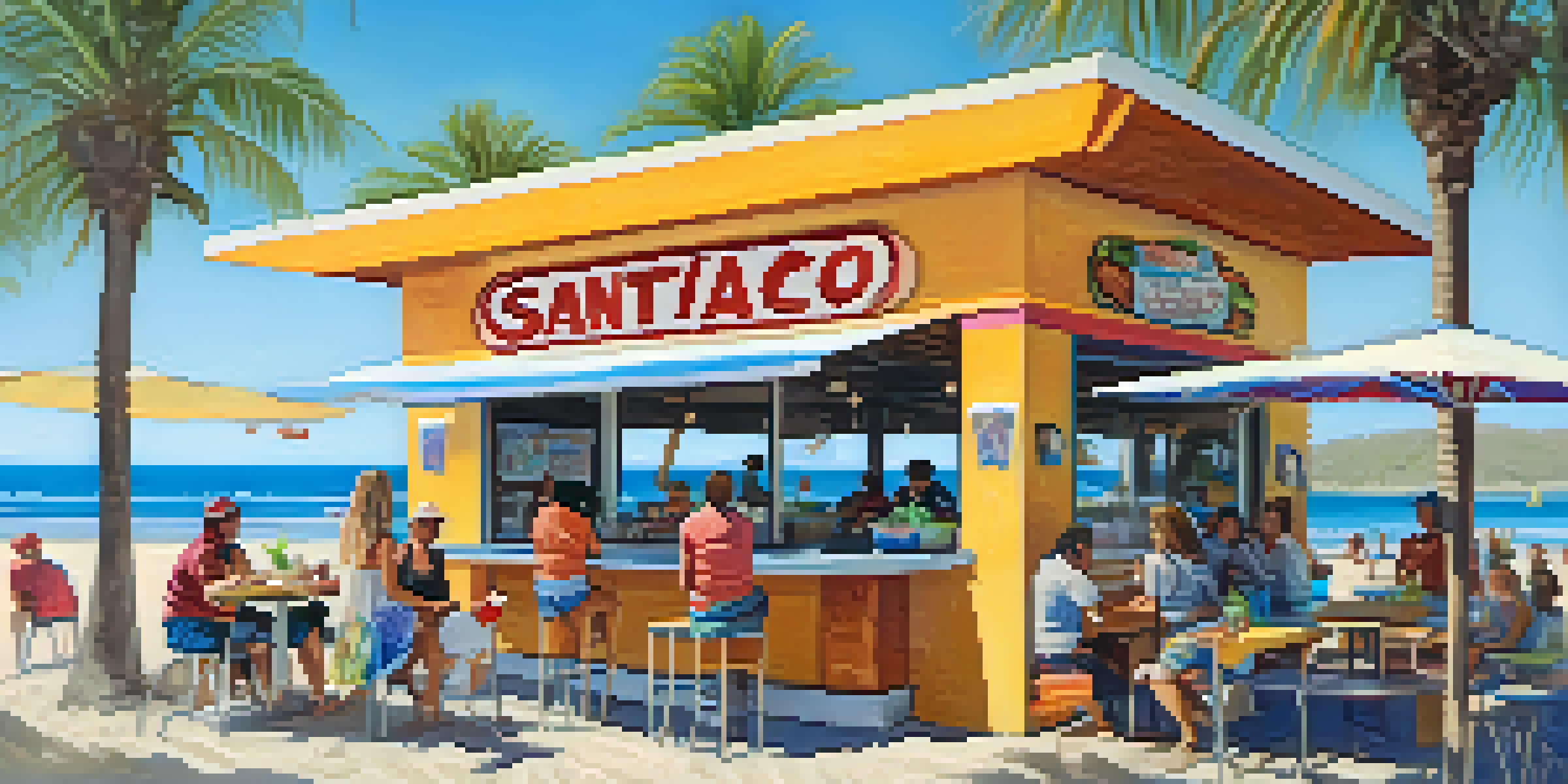 A lively fish taco stand on a sunny San Diego beach with colorful tacos and smiling customers.