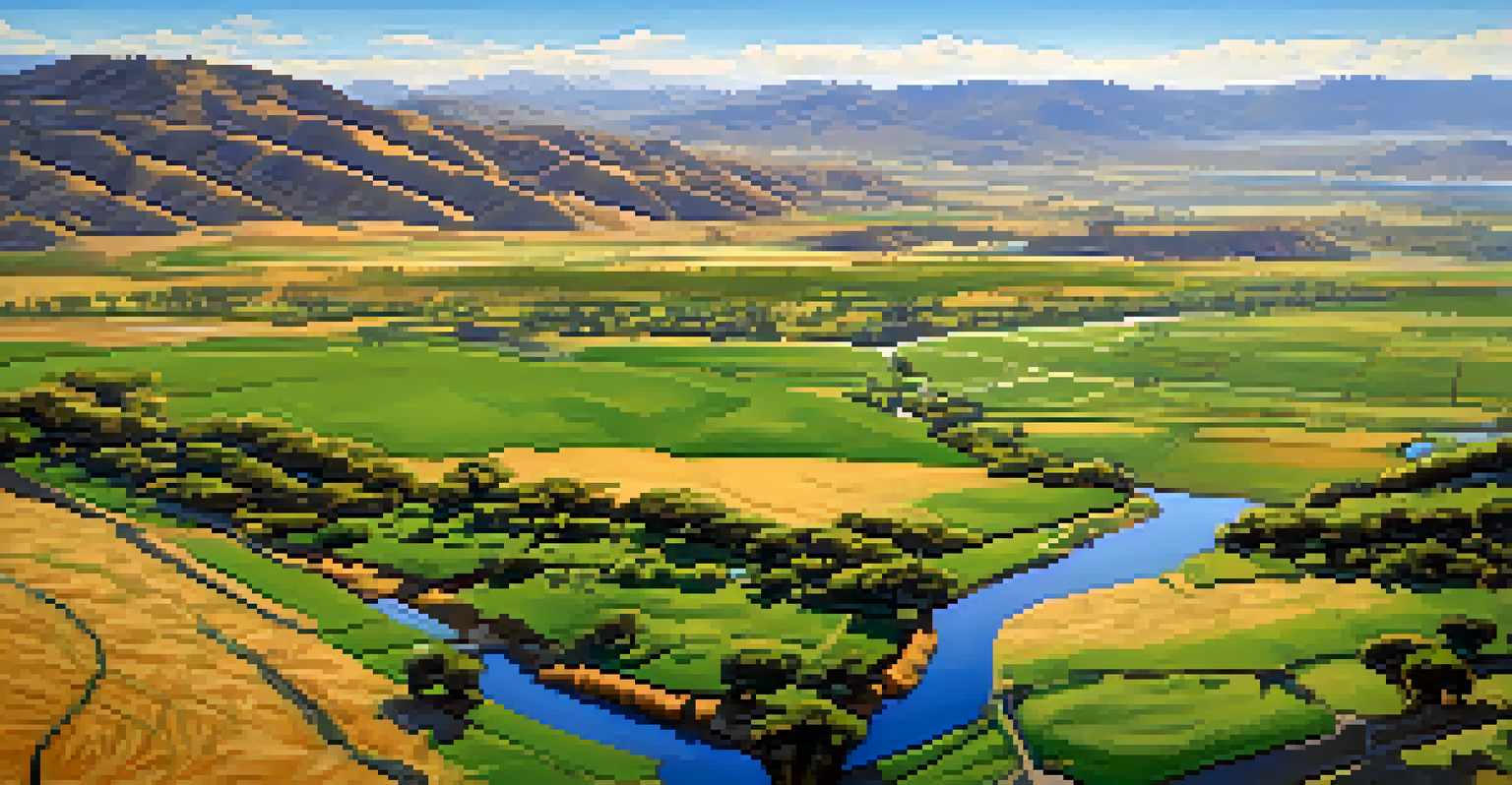 An aerial view of San Diego's inland valleys showing green fields and rugged mountains under a clear blue sky.
