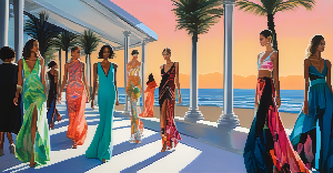 A runway at San Diego Fashion Week with diverse models showcasing colorful outfits inspired by the ocean, amidst an engaged audience.