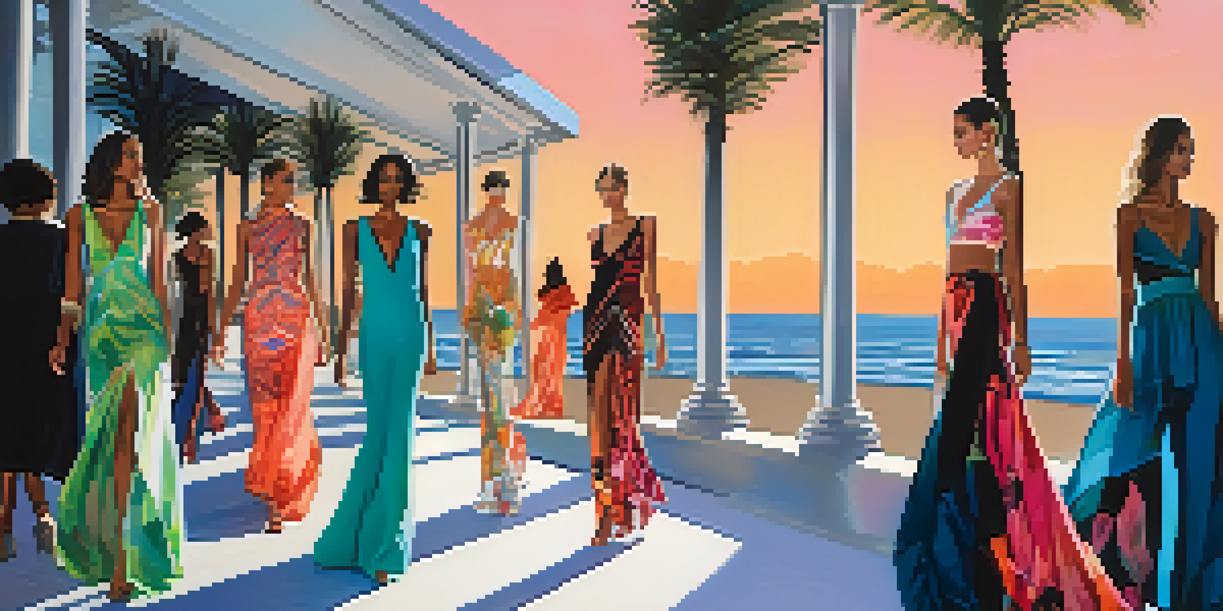 A runway at San Diego Fashion Week with diverse models showcasing colorful outfits inspired by the ocean, amidst an engaged audience.