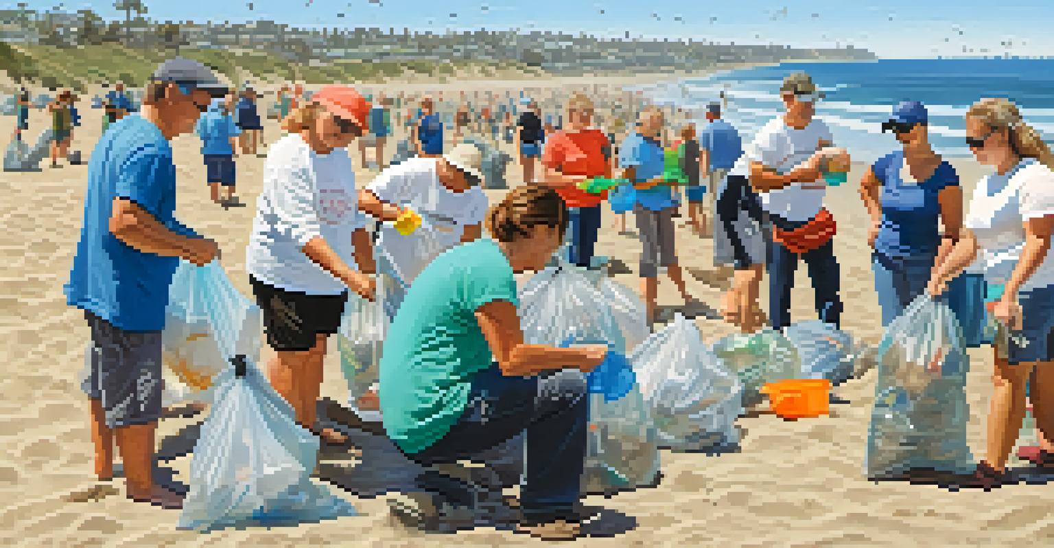 A community beach cleanup event with residents collecting trash on a sunny San Diego beach, showcasing teamwork and environmental stewardship.