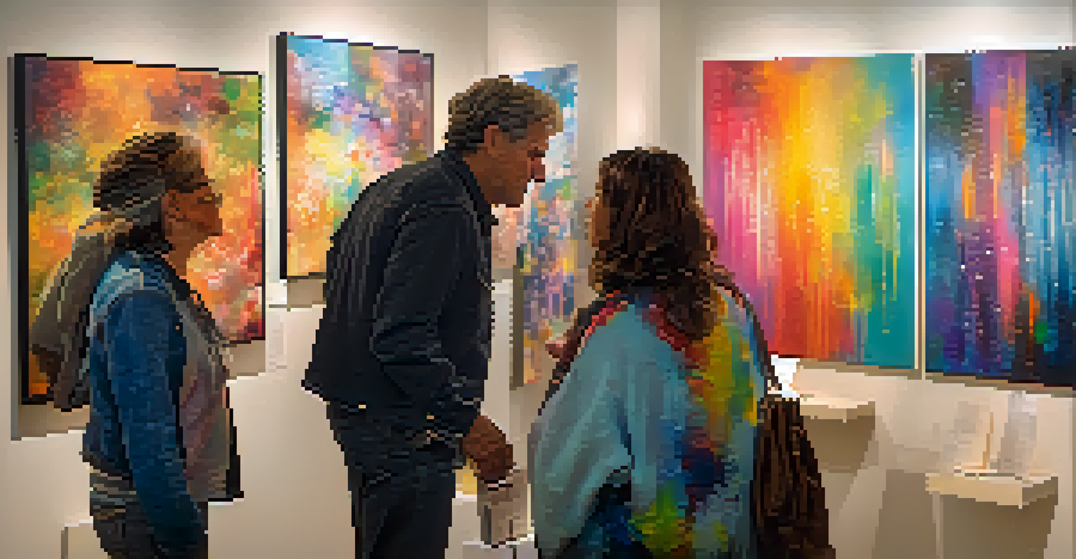 A local artist engaging with visitors in her North Park gallery, sharing her abstract paintings.