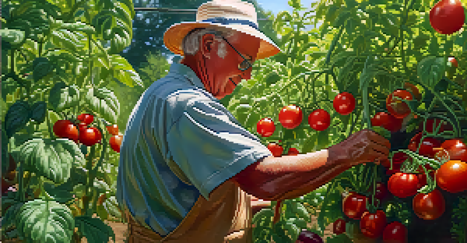 A close-up of a resident harvesting ripe tomatoes in a community garden, with lush green leaves and sunlight filtering through.
