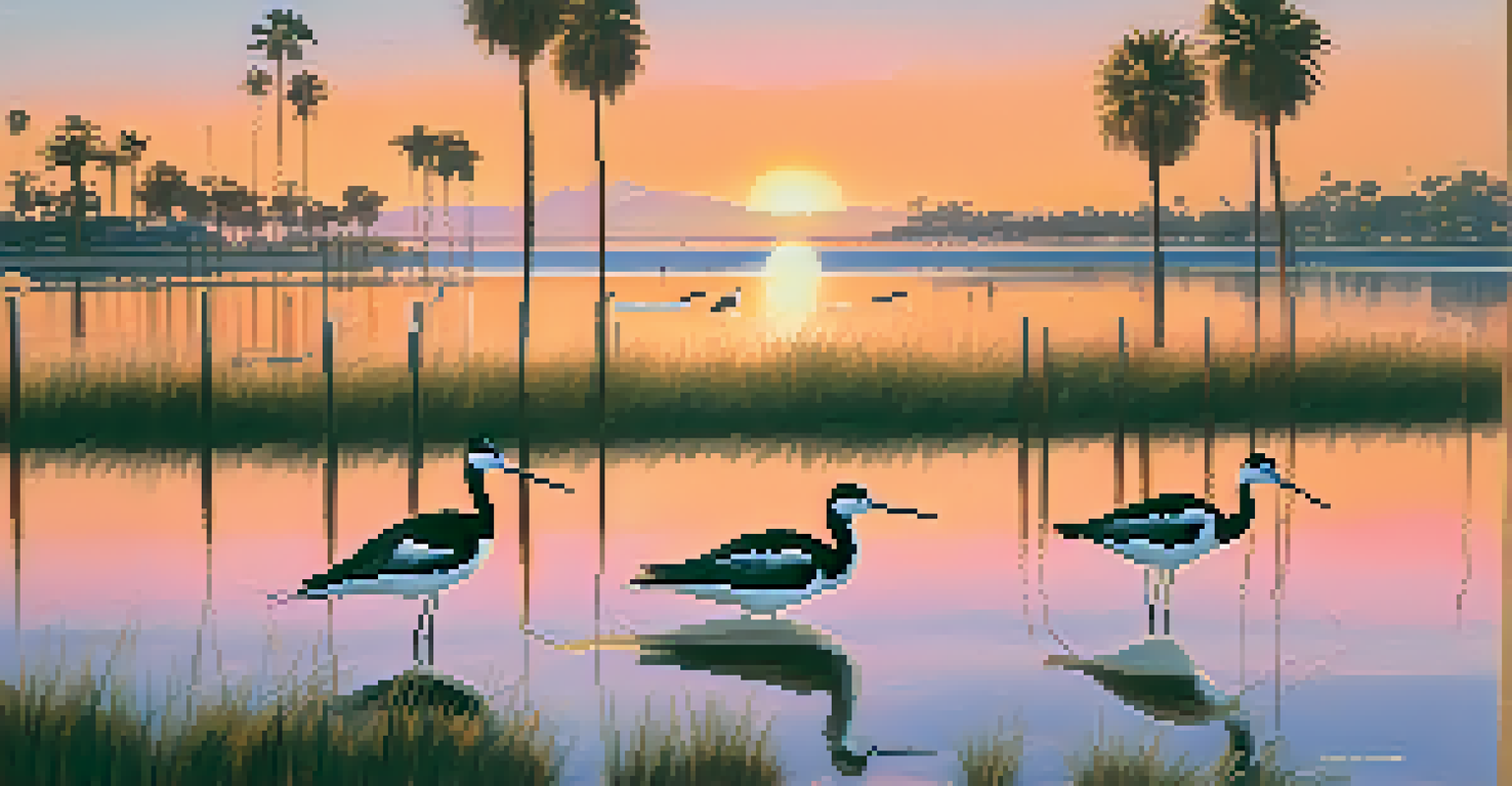 A peaceful sunset at Mission Bay with black-necked stilts wading in the water, a family having a picnic, and palm trees lining the path.
